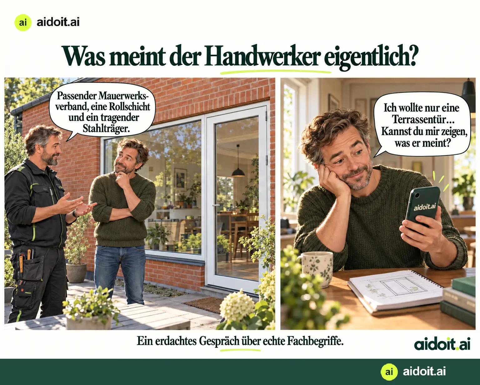 Erdachtes Gespräch: Ein Handwerker erwähnt Mauerwerksverband, Rollschicht und Stahlträger. Der Eigentümer bittet aidoit.ai um eine Erklärung.