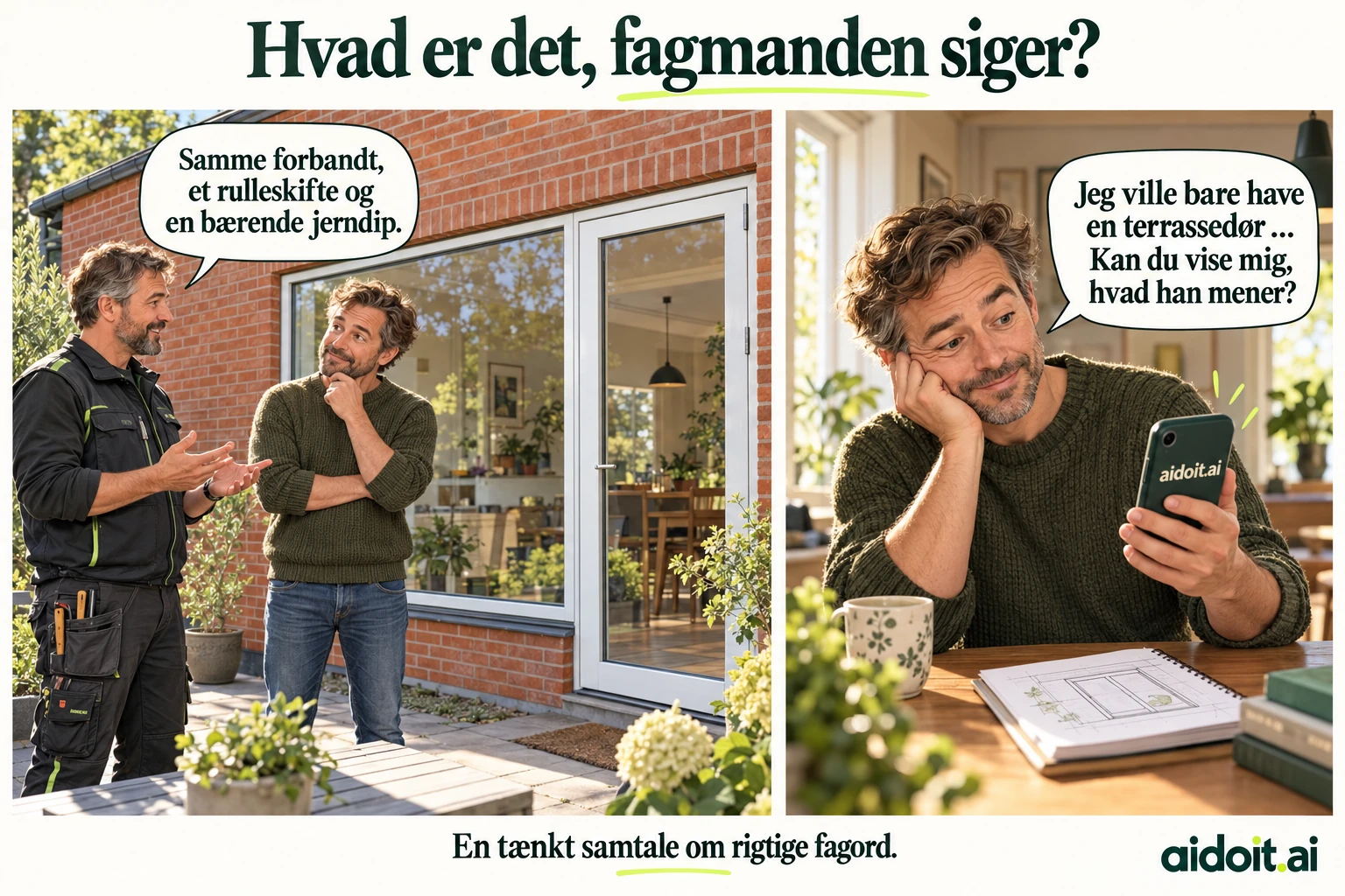 En tænkt samtale: Fagmanden nævner forbandt, rulleskifte og jerndip. Boligejeren spørger aidoit.ai, hvad han mener.