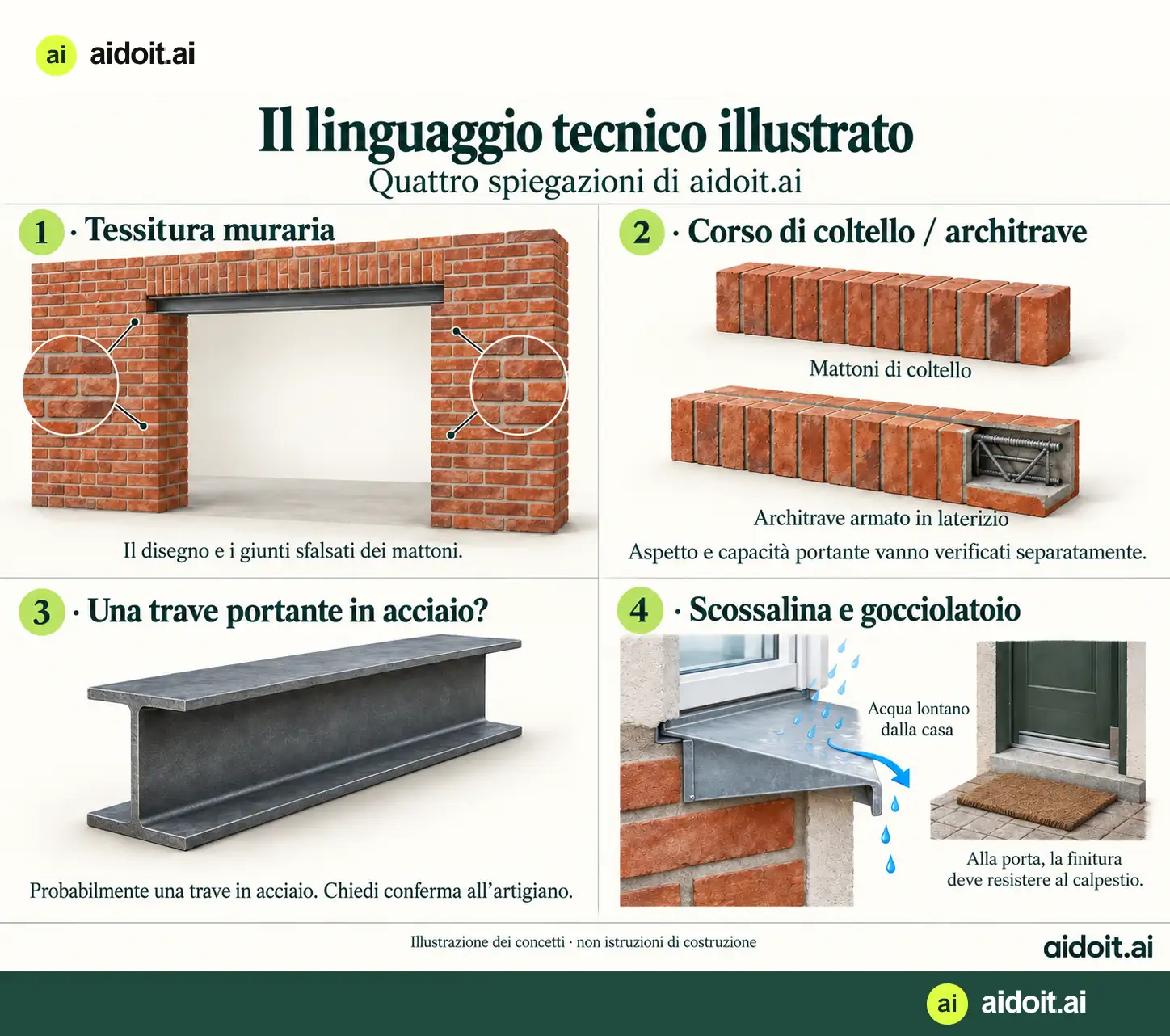 Quattro concetti illustrati: tessitura dei mattoni, corso di coltello e architrave armato in laterizio, trave in acciaio, scossalina e gocciolatoio.