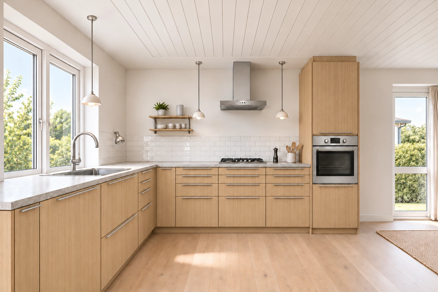 Køkken eksempel 1: L-køkken. Epoq Edge, Natural Oak. Vejledende AI-visualisering.