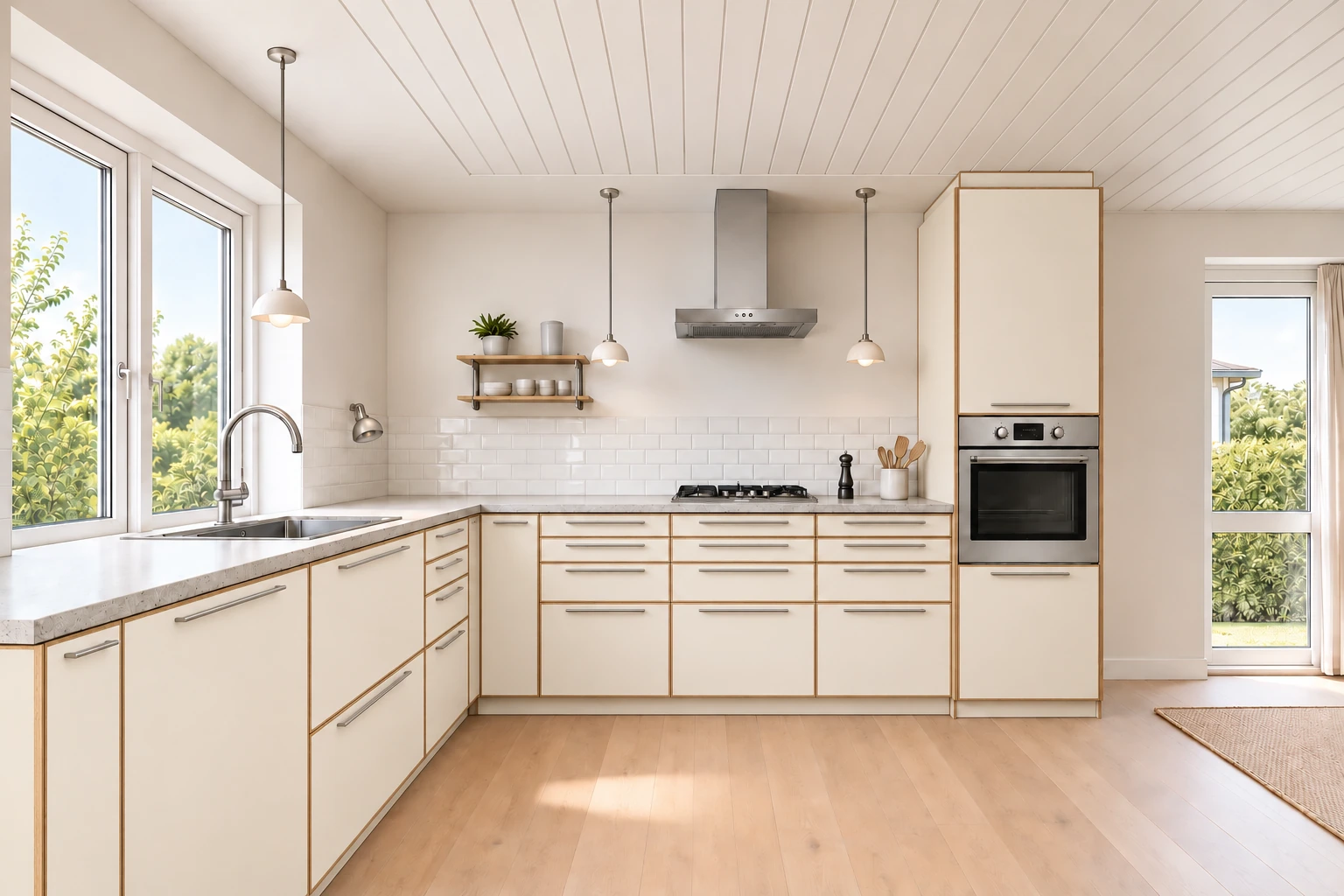 Køkken eksempel 1: L-køkken. HTH Edge, Golden Ivory. Vejledende AI-visualisering.