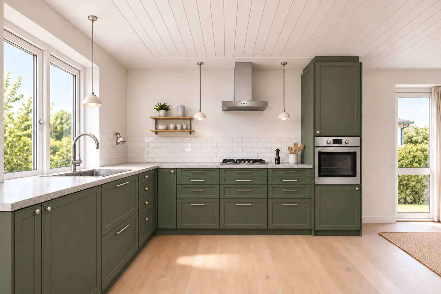 Køkken eksempel 1: L-køkken. HTH Frame, Moss Green. Vejledende AI-visualisering.