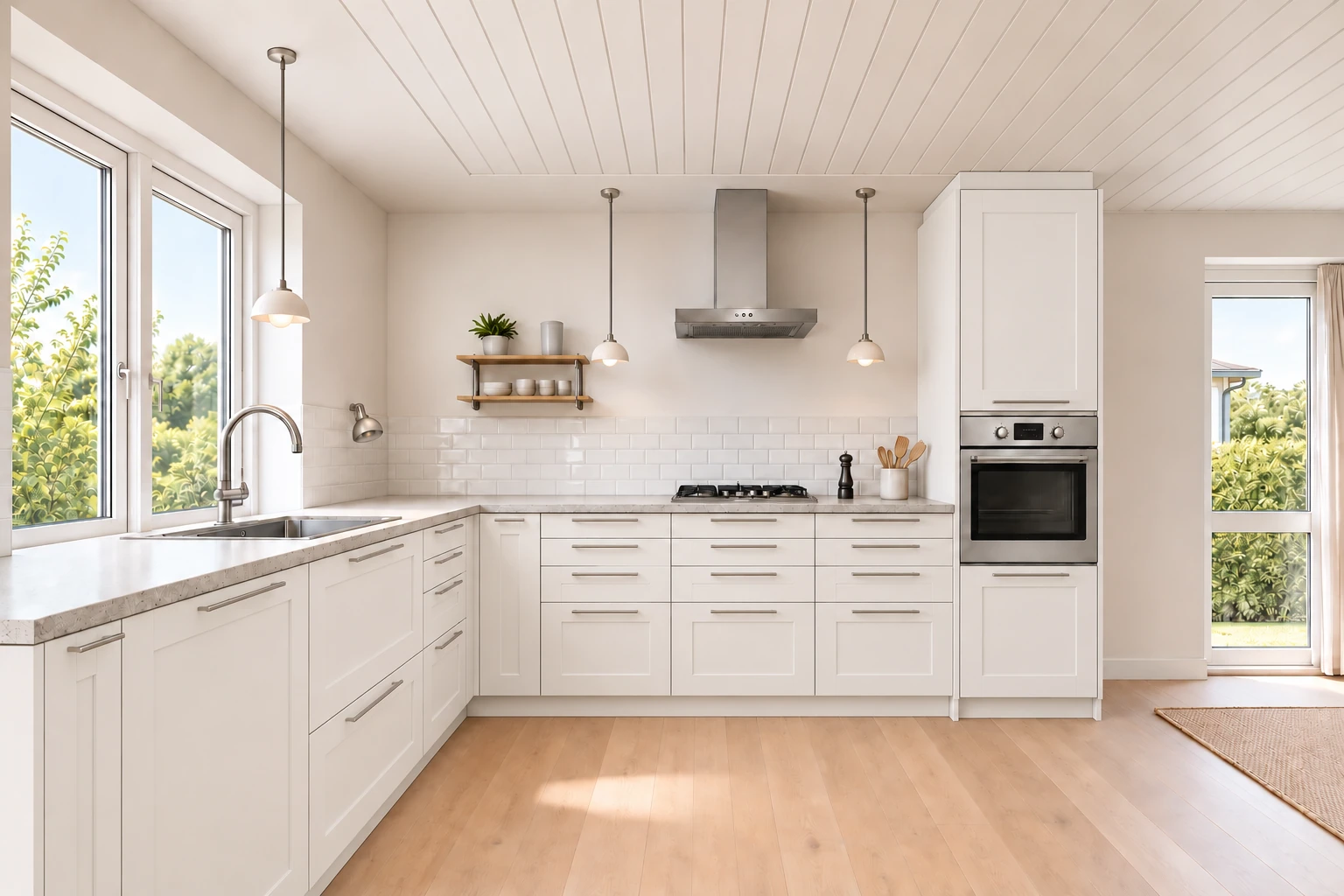Køkken eksempel 1: L-køkken. IKEA AXSTAD, Mat hvid. Vejledende AI-visualisering.