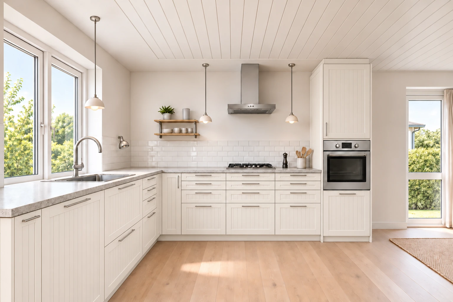 Køkken eksempel 1: L-køkken. IKEA STENSUND, Hvid. Vejledende AI-visualisering.