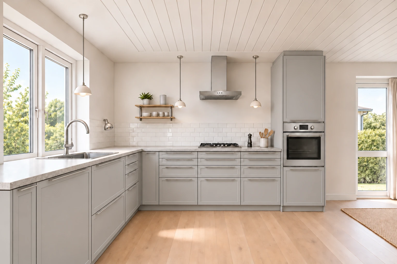 Køkken eksempel 1: L-køkken. IKEA ASPUDDEN, Lysegrå. Vejledende AI-visualisering.