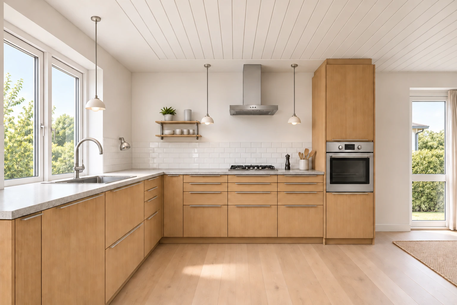 Køkken eksempel 1: L-køkken. IKEA SINARP, Eg. Vejledende AI-visualisering.