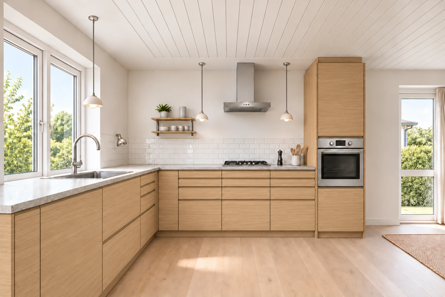 Køkken eksempel 1: L-køkken. IKEA VOXTORP, Egetræsmønster. Vejledende AI-visualisering.