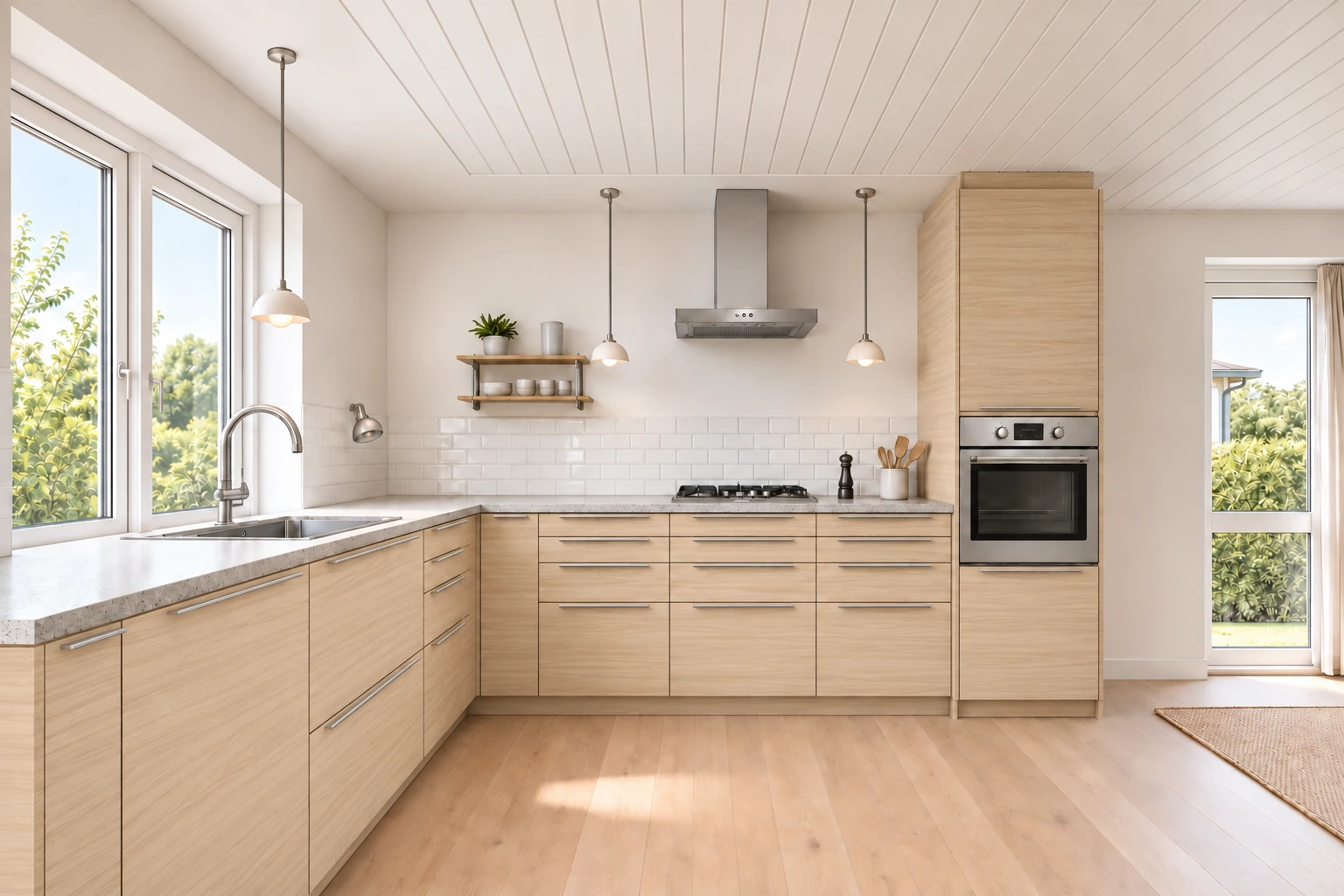 Køkken eksempel 1: L-køkken. IKEA ASKERSUND, Lyst asketræsmønster. Vejledende AI-visualisering.