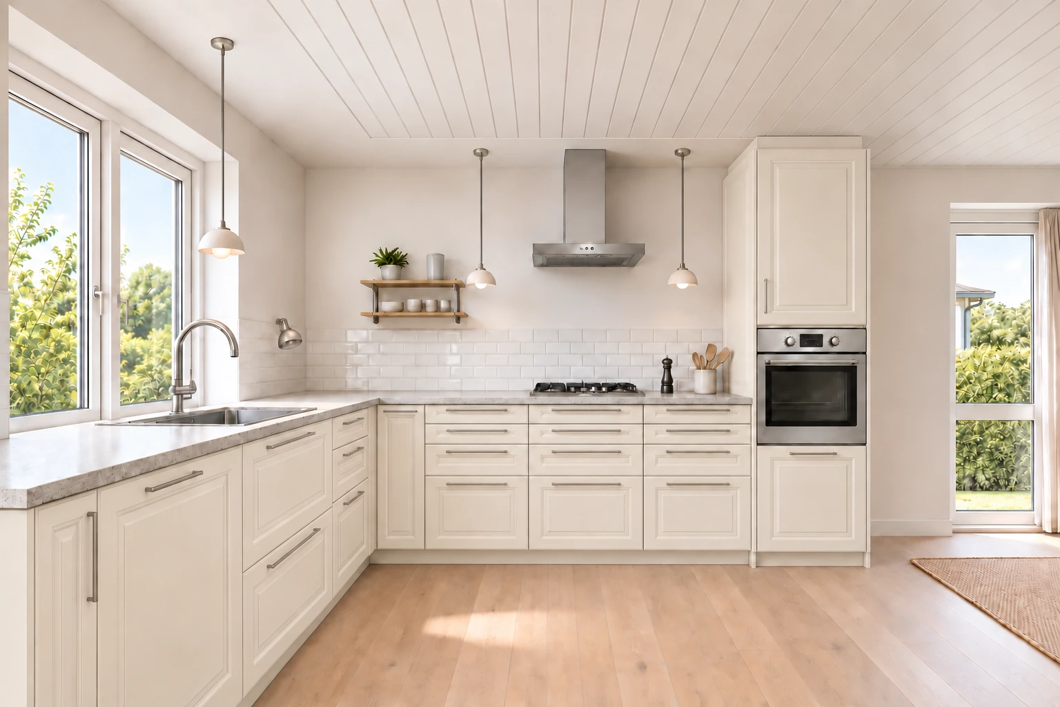 Køkken eksempel 1: L-køkken. IKEA BODBYN, Råhvid. Vejledende AI-visualisering.