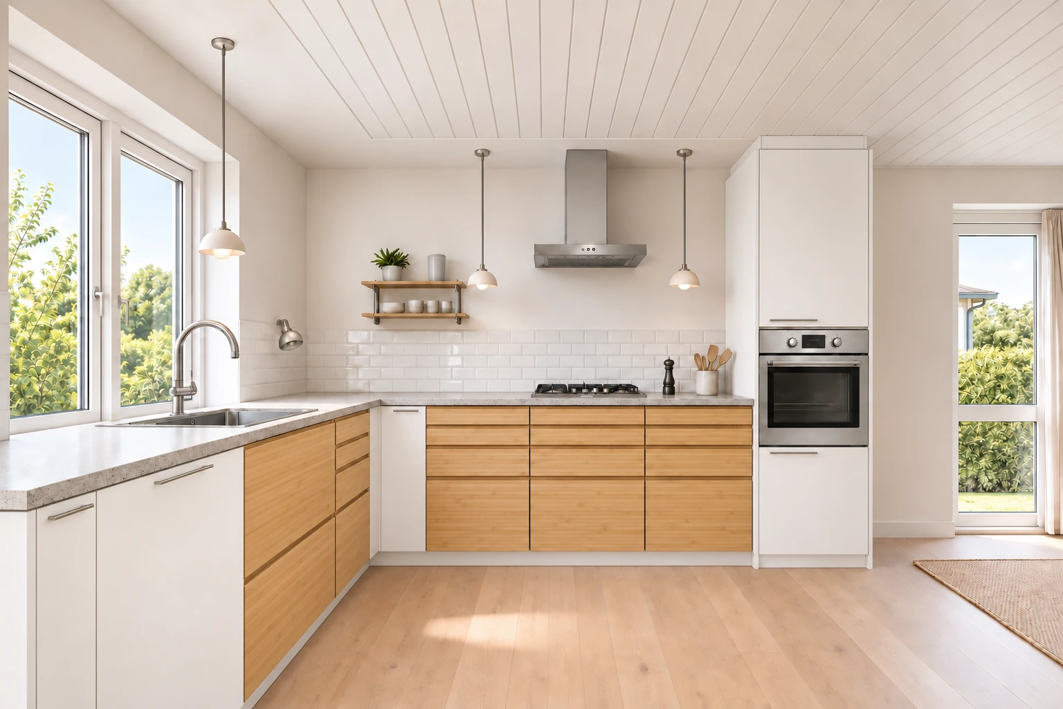 Køkken eksempel 1: L-køkken. IKEA FRÖJERED + VEDDINGE, Lys bambus / hvid. Vejledende AI-visualisering.