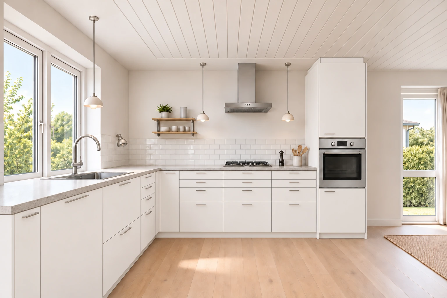 Køkken eksempel 1: L-køkken. IKEA ENHET, Hvid. Vejledende AI-visualisering.