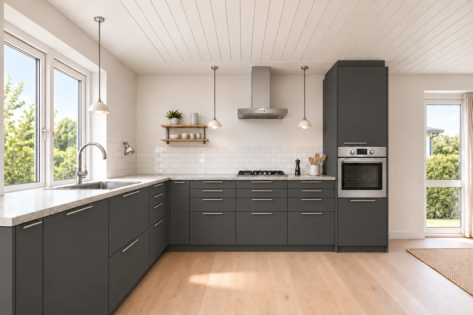 Køkken eksempel 1: L-køkken. IKEA KNOXHULT – glat, Mørkegrå. Vejledende AI-visualisering.