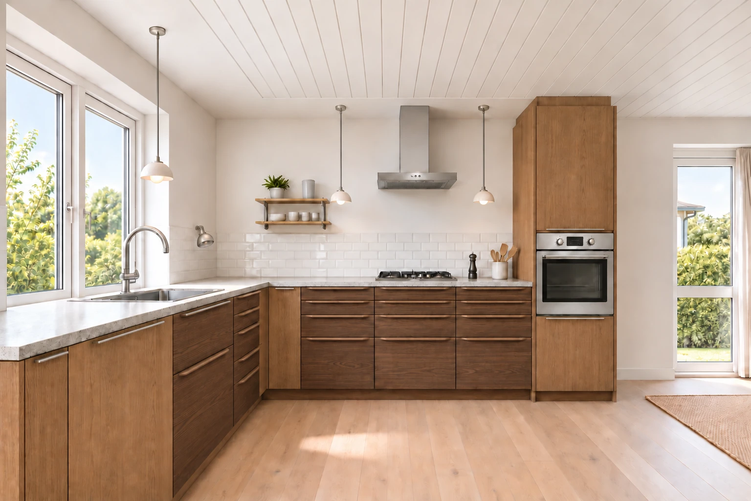 Køkken eksempel 1: L-køkken. IKEA STENSTA + SINARP, Mørk ask / brun eg. Vejledende AI-visualisering.