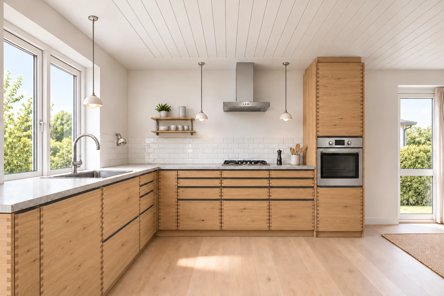 Køkken eksempel 1: L-køkken. Kvik OAKWOOD, Eg. Vejledende AI-visualisering.