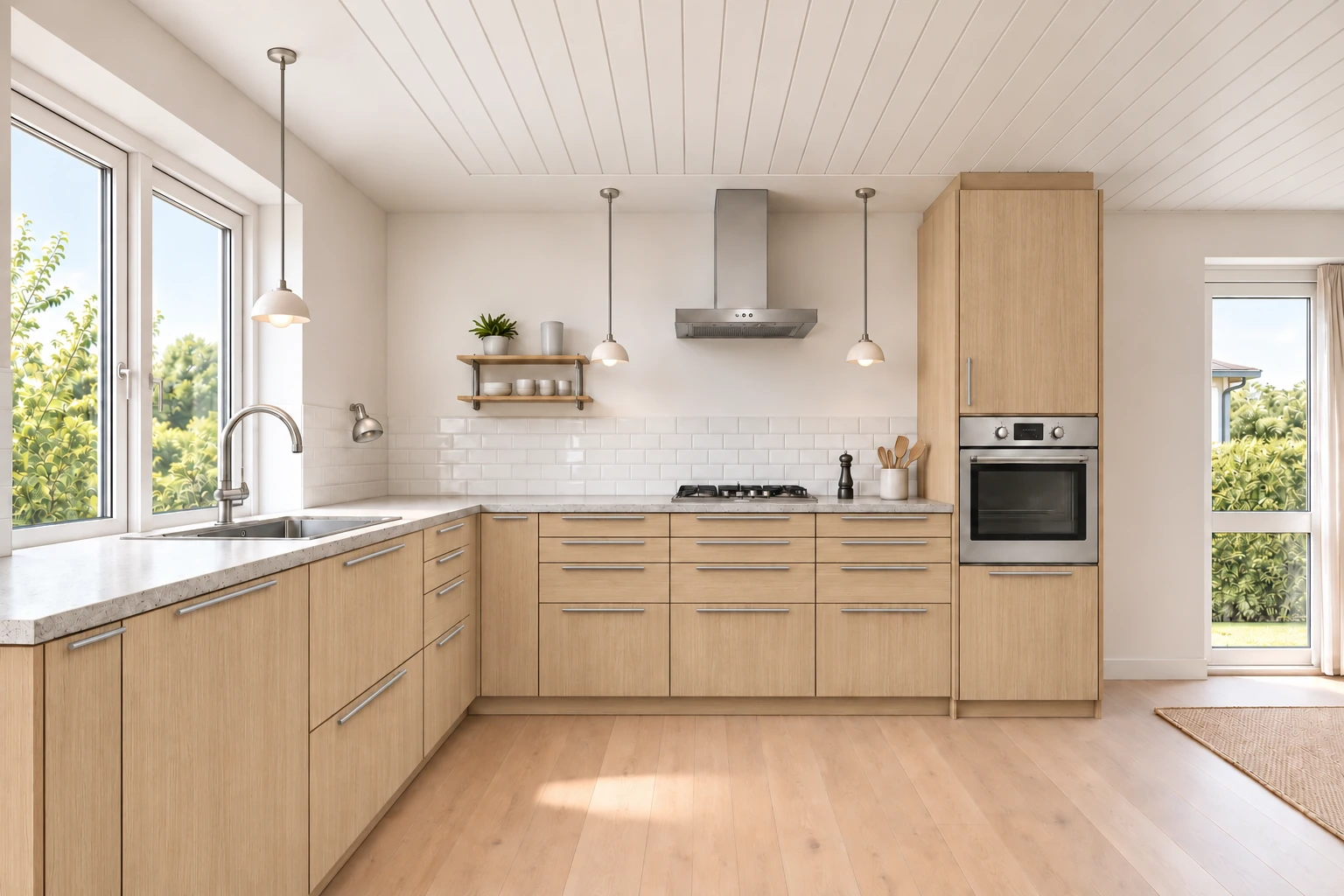 Køkken eksempel 1: L-køkken. Billigskabe Multi-Living Wien, Lystonet eg. Vejledende AI-visualisering.