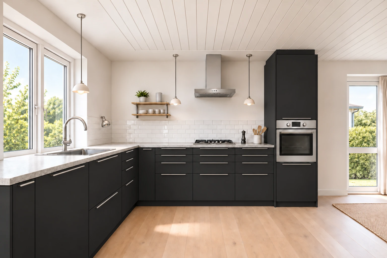 Køkken eksempel 1: L-køkken. Billigskabe Multi-Living Cibo, Nero. Vejledende AI-visualisering.