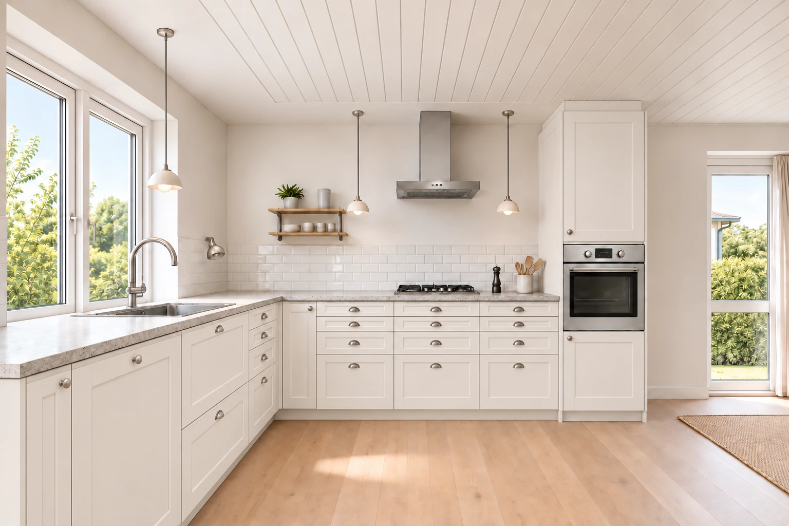 Køkken eksempel 1: L-køkken. Billigskabe Multi-Living Romantik 31, Hvid. Vejledende AI-visualisering.
