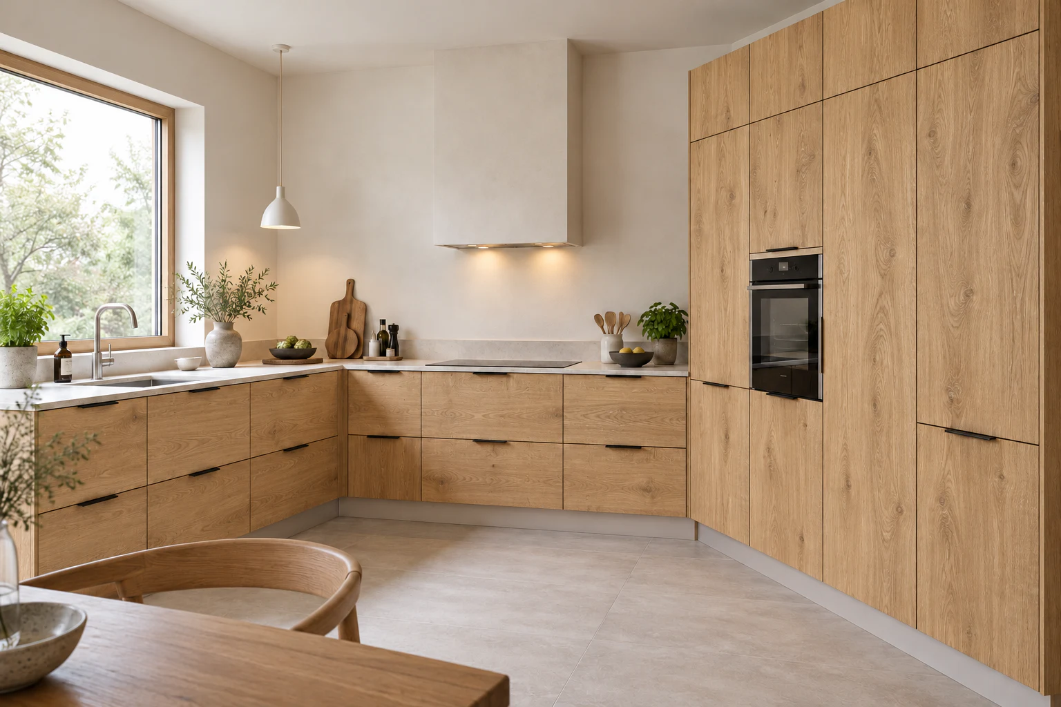 Køkken eksempel 1: L-køkken. Nettoline Wood Design, Natur eg. Vejledende AI-visualisering.