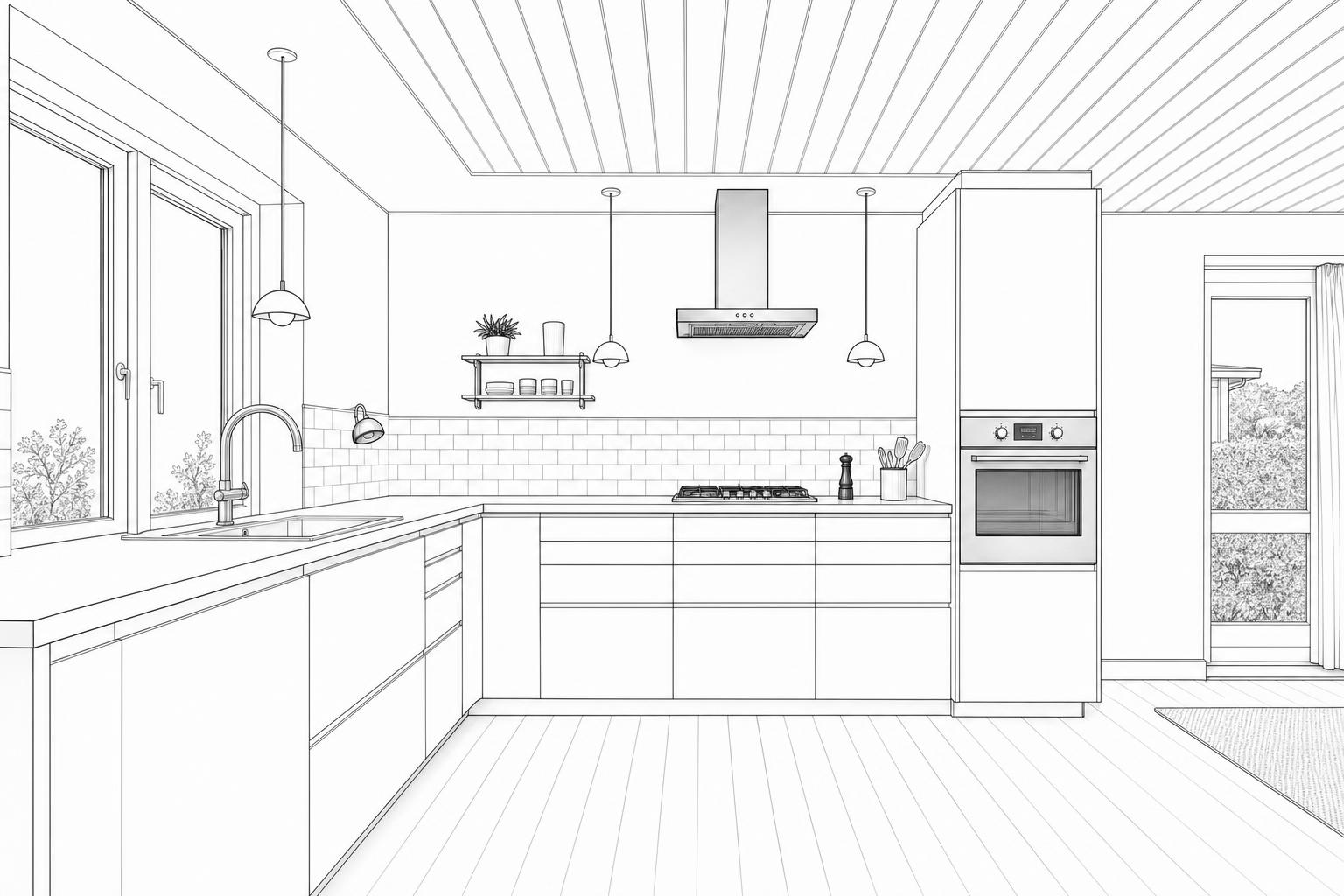 Room sketch: Kitchen example 1, L-shaped kitchen