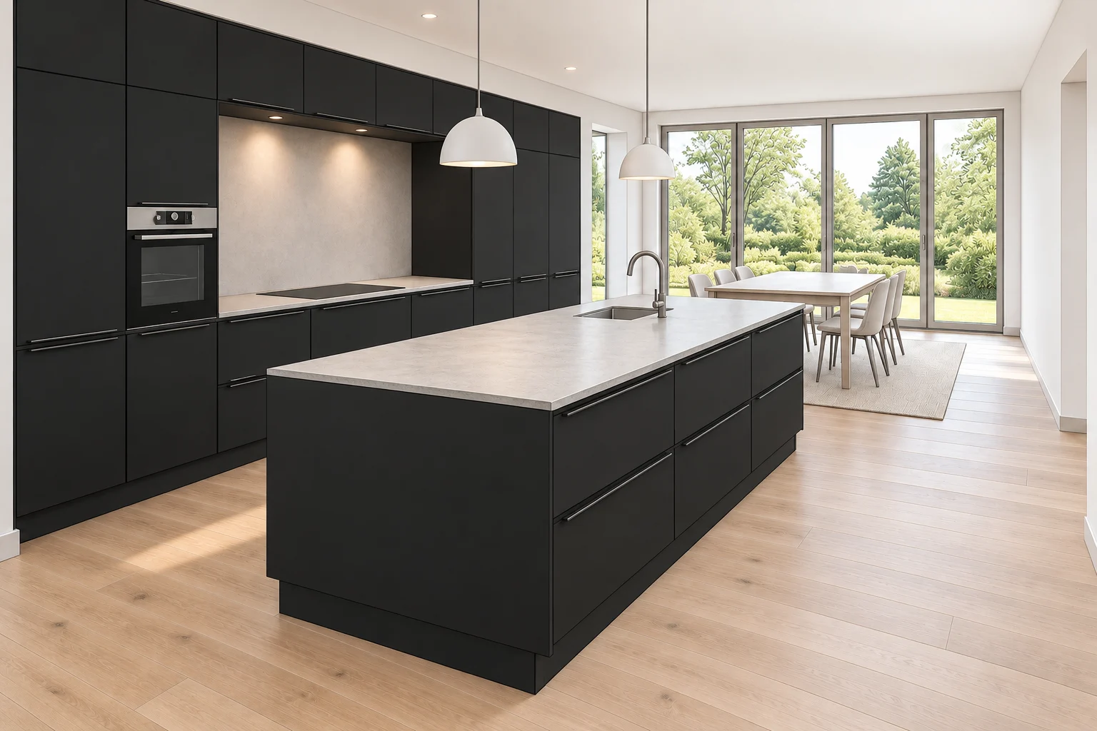 Køkken eksempel 2: Køkken med ø. Epoq Pure, Black. Vejledende AI-visualisering.