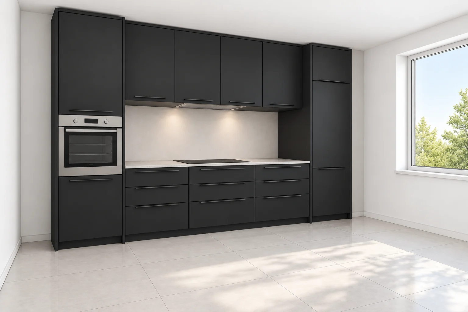 Køkken eksempel 3: Vægkøkken med niche. Epoq Pure, Black. Vejledende AI-visualisering.