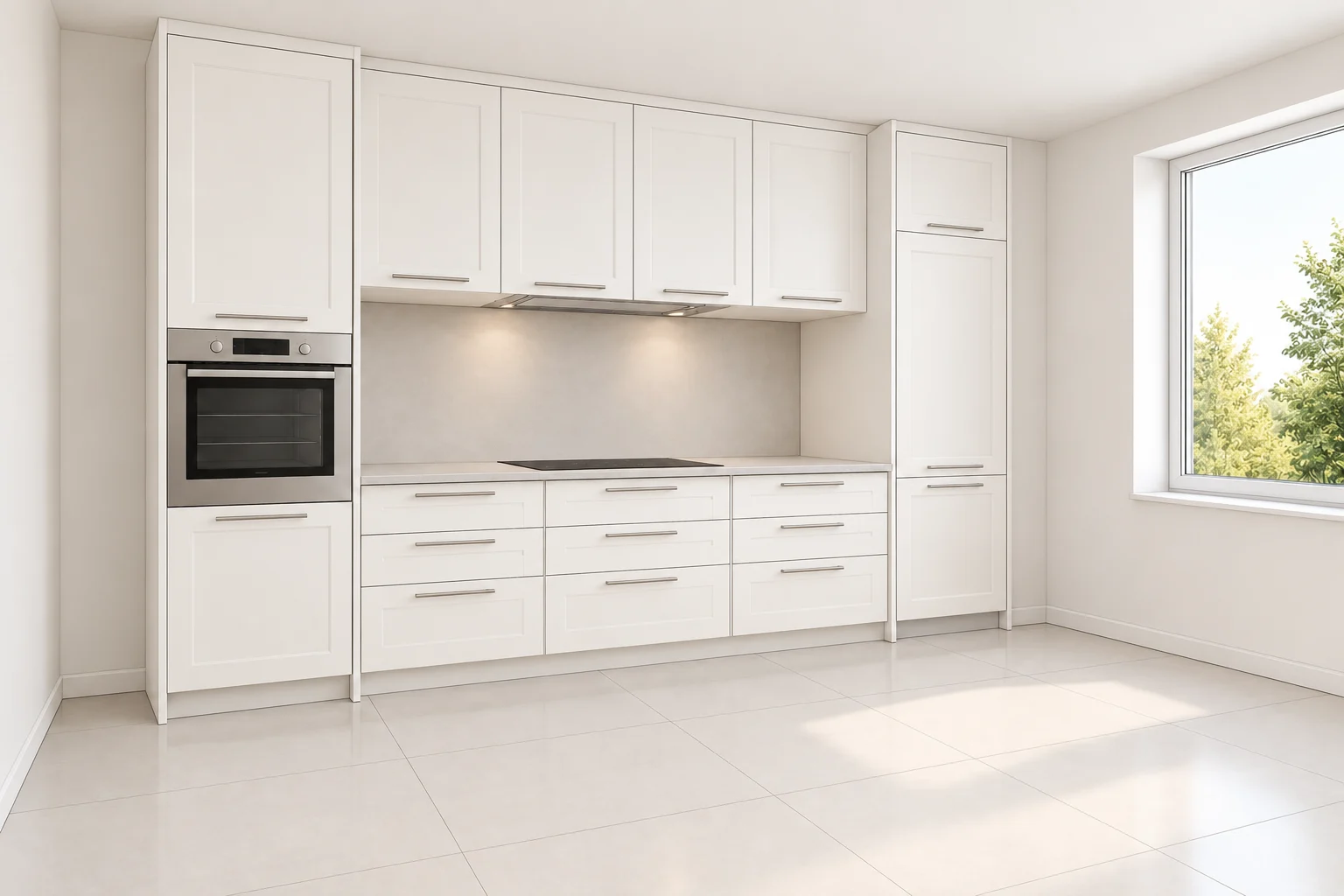 Køkken eksempel 3: Vægkøkken med niche. IKEA AXSTAD, Mat hvid. Vejledende AI-visualisering.