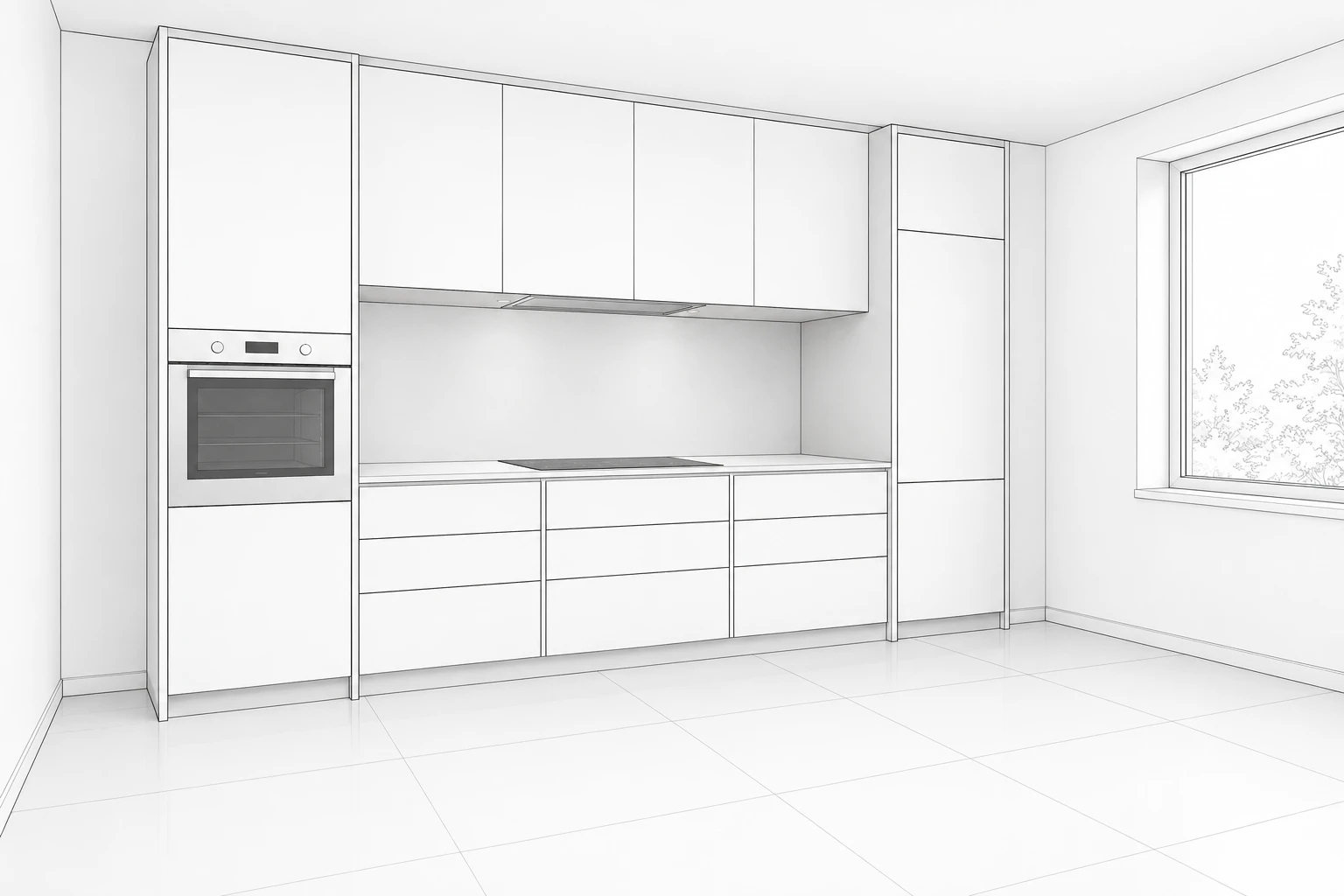 Room sketch: Kitchen example 3, Single-wall kitchen with niche