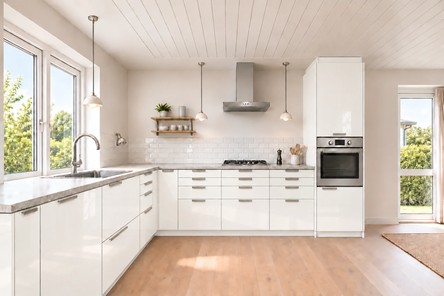 Køkken eksempel 1: L-køkken. Vordingborg Focus, Alpine White 470. Vejledende AI-visualisering.