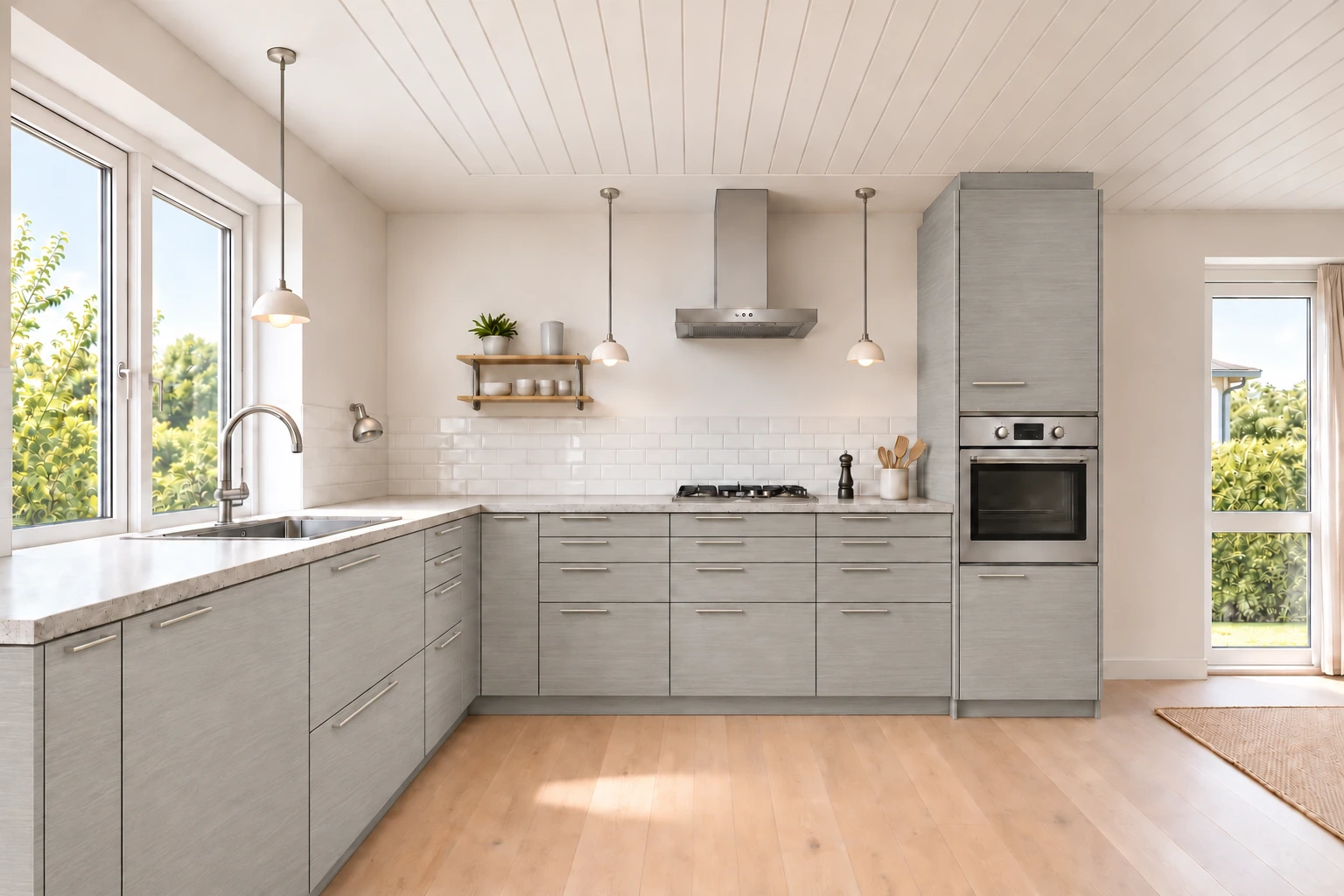 Køkken eksempel 1: L-køkken. Vordingborg Inox, Børstet stål 216. Vejledende AI-visualisering.