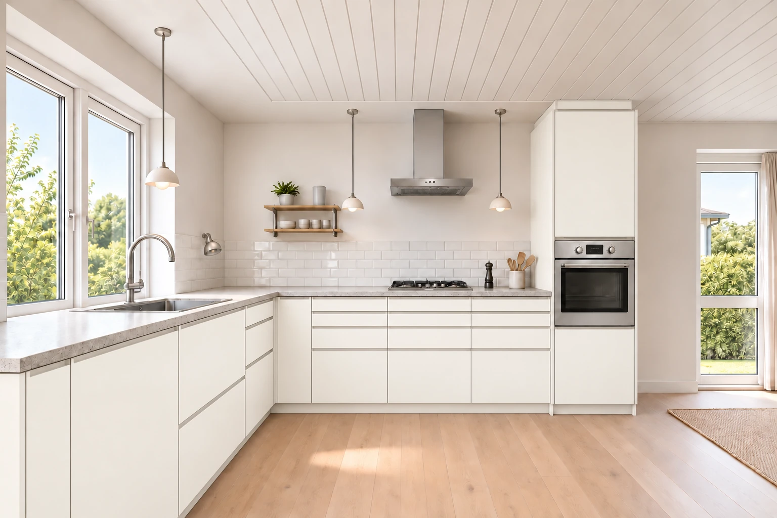 Køkken eksempel 1: L-køkken. Vordingborg Inline, Alpine White 551. Vejledende AI-visualisering.