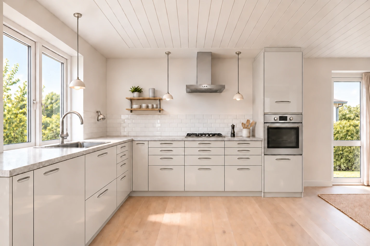 Køkken eksempel 1: L-køkken. Vordingborg Novalux, Satin Grey 519. Vejledende AI-visualisering.