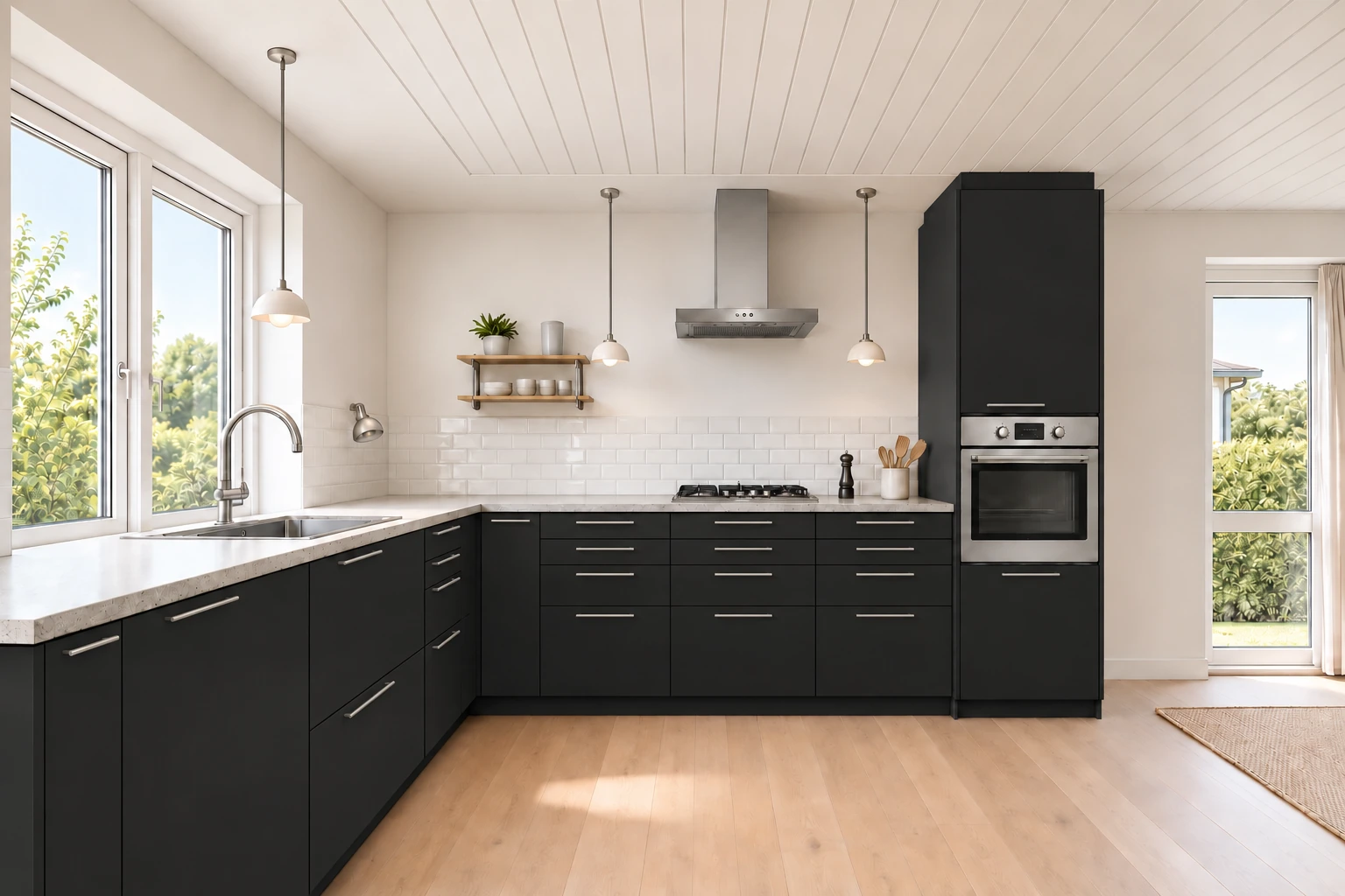 Køkken eksempel 1: L-køkken. Vordingborg Touch, Black 340. Vejledende AI-visualisering.