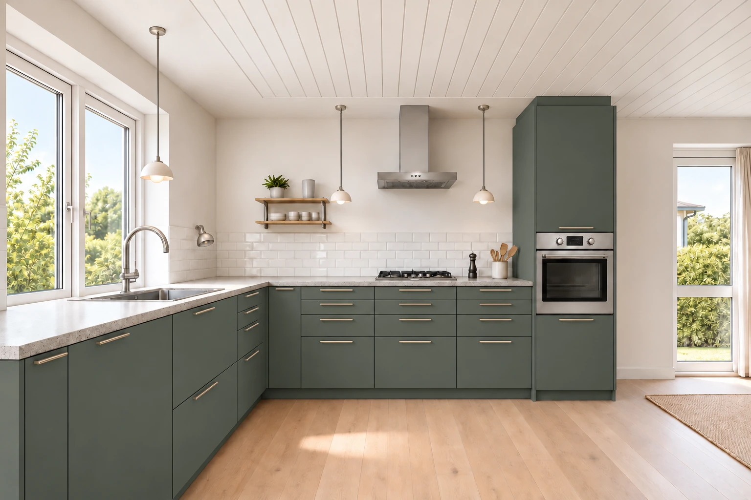 Køkken eksempel 1: L-køkken. Vordingborg Easytouch, Mineral Green 964. Vejledende AI-visualisering.