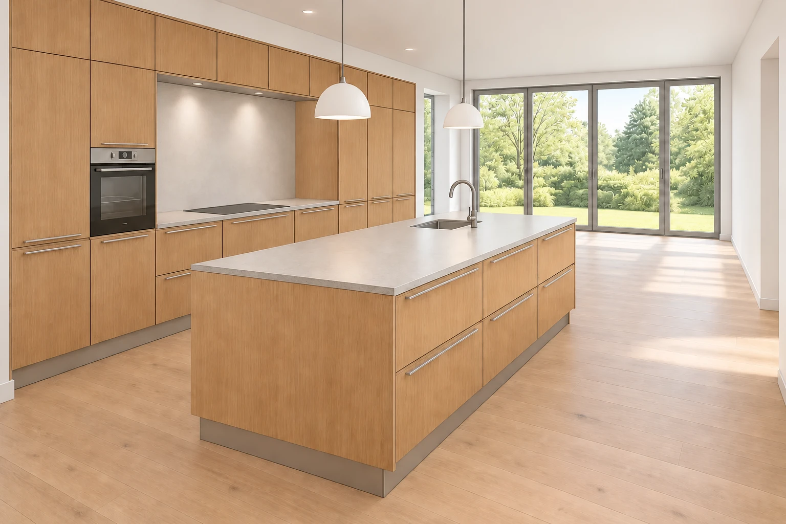 Bright oak kitchen and island, without loose furniture