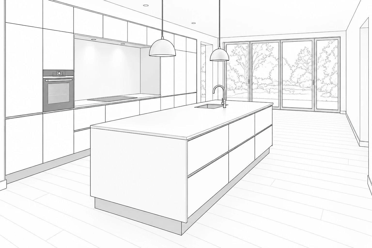 Room drawing of the same kitchen and island